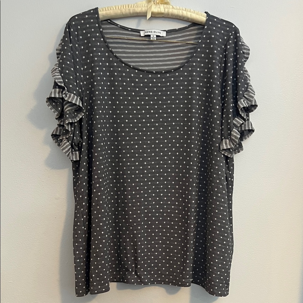 Rose & Olive Gray Polka Dot Ruffle Sleeve Top, 1x